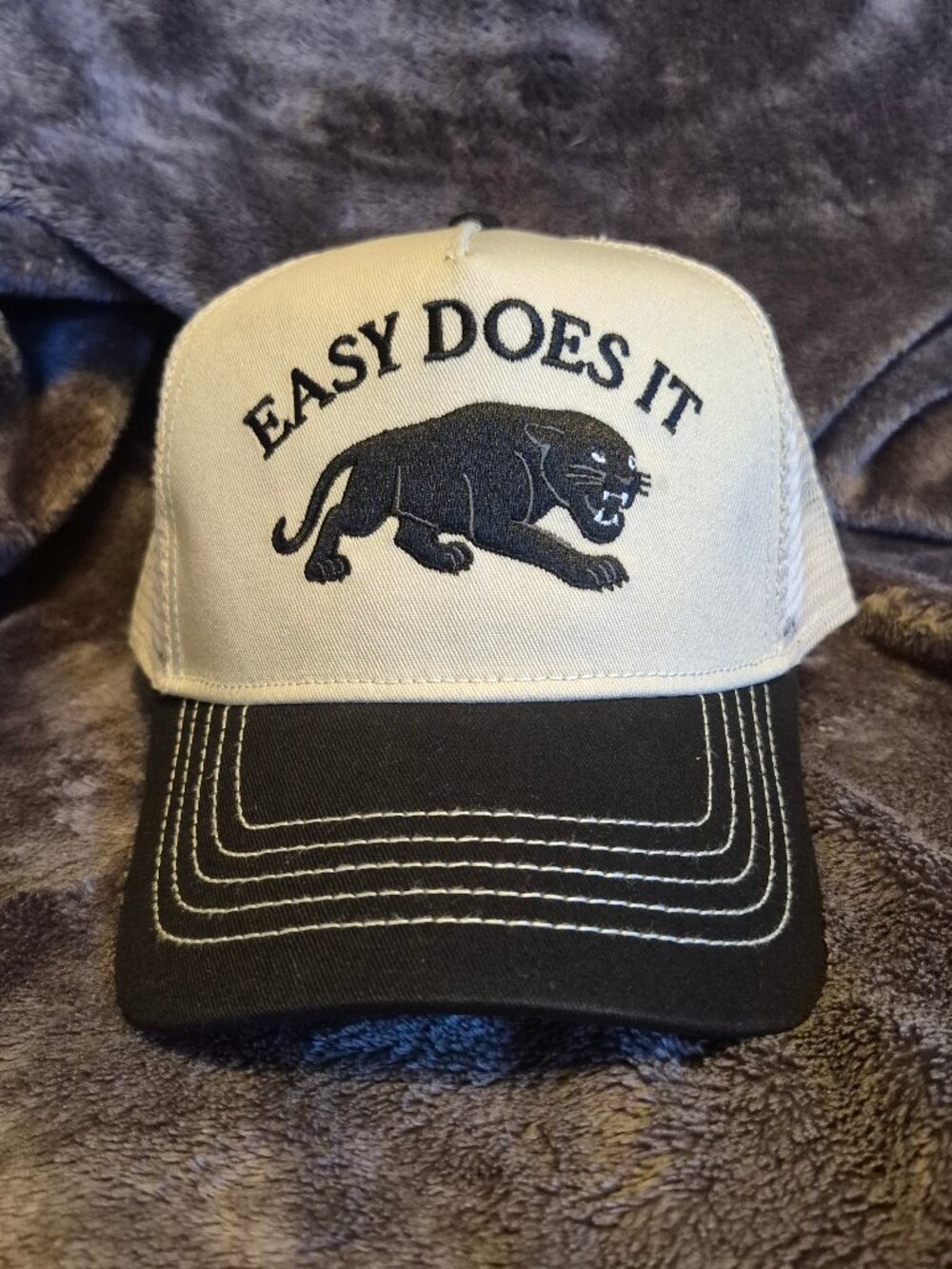 Easy Does It Panther Stitched Trucker Hat Snapback Cap Vintage Style